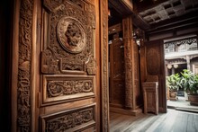 A Elaborately Carved Wooden Door Of A Traditional Stilt House. Portray The Historic Architecture And Cultural Heritage Of Vietnamese Villages. Generative Ai