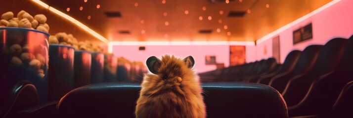 Canvas Print - A cat sitting on a chair in a movie theater. Generative AI image.