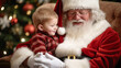 © annebel146 - child sitting on the lap of Santa Claus around Christmas tree, Happy portrait of a child with Santa Claus, Merry Christmas, Holida,childhood concept