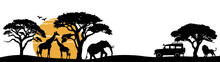Africa Safari Savanna Landscape Background Banner Panorama For Logo - Black Silhouette Of Wild Animals, Trees, Vehicle And Sun, Isolated On White Background (Generative Ai)