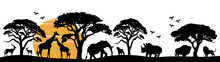 Africa Safari Savanna Landscape Background Banner Panorama For Logo - Black Silhouette Of Wild Animals, Trees And Sun, Isolated On White Background (Generative Ai)