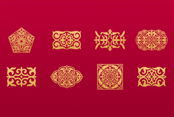 Wall Mural - Set of 8 islamic golden ornaments on red background in vector. Circular ornamental arabic symbols. Abstract Asian elements of the national pattern of the ancient nomads of the Kazakhs, Tatars, Kyrgyz