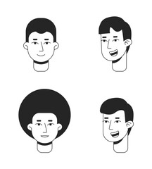 Poster - Men nice smiles monochrome flat linear character heads set. Happy afro guy. Excitement. Editable outline people icons. Line users faces. 2D cartoon spot vector avatar illustration pack for animation
