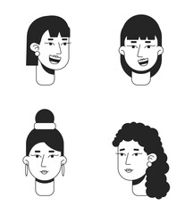 Poster - Pleased glad women monochrome flat linear character heads set. Girls diversity. Editable outline people icons. Line users faces. 2D cartoon spot vector avatar illustration pack for animation
