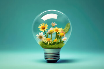 Wall Mural - light bulb with flowers . Ecology. green energy. Renewable and Sustainable resources. generative ai