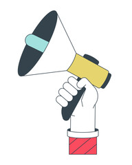 Poster - Holding megaphone flat line concept vector spot illustration. Loudspeaker 2D cartoon outline first view hand on white for web UI design. Advertising marketing editable isolated colorful hero image