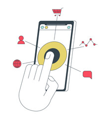 Poster - Reaching target audience on social media flat line concept vector spot illustration. 2D cartoon outline pov hand on white for web UI design. Mobile marketing editable isolated colorful hero image