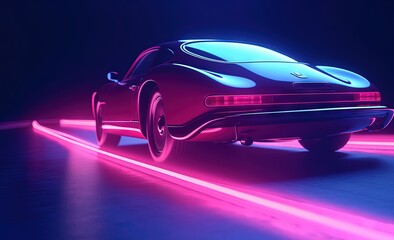 Wall Mural - futuristic retro sport car driving speedily with light reflections in the dark