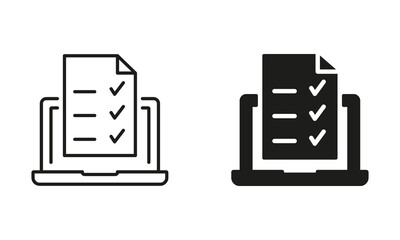 Laptop with Online Form Survey Silhouette and Line Icon Set. Online Exam, Taking Tests, Questionnaires, Checklist on Device Screen. Online Education and Elearning Signs. Isolated Vector Illustration
