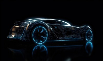 Wall Mural - futuristic sport car driving speedily with light reflections in the dark