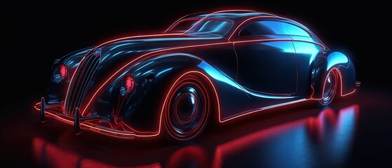 Wall Mural - futuristic retro sport car driving speedily with light reflections in the dark