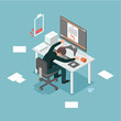 © Phruetthiphong - Businessman burnout concept. Energy-draining people with overwork overload. Exhausted from working a long time. Vector illustration isometric cartoon flat design.