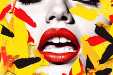 A Woman With Red Lips And A Yellow Background Magazine Collage Style AI Generation