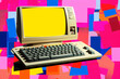 An old computer with a yellow screen is sitting on a colorful background. magazine collage style Generative AI