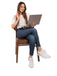 Online meeting, caucasian 20s young businesswoman attending online meeting. Greeting colleagues or clients. Waving hand. Smiling, cheerful girl sitting on the chair holding laptop, business concept.