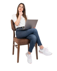 Wall Mural - Thinking woman, young businesswoman sitting chair holding laptop, working and thinking woman. Isolated transparent png, lady touching her face looking aside copy space. Young girl using computer.