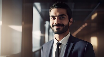A fictional person. Cheerful Arab Businessman in Office