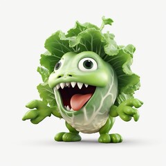 Wall Mural - 3D illustration of an angry lettuce cartoon character, a scary with big eyes, fruit angry monster on white background - AI Generative