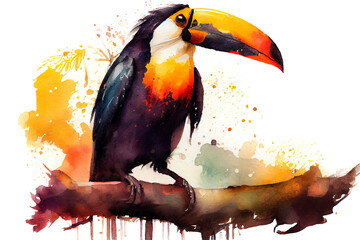 Wall Mural - Toucan sitting on the branch. Watercolor illustration on a white background. Generative AI.