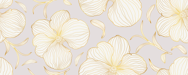 Luxury orchid seamless pattern background. Golden orchid floral line art design. Tropical flower. Hand drawn. Suit for wallpaper, wedding, invitation, fabric, card, cover, prints. Vector illustration