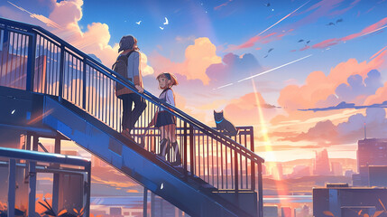 Wall Mural - Anime background of  staircase sunset over bridge, generative AI