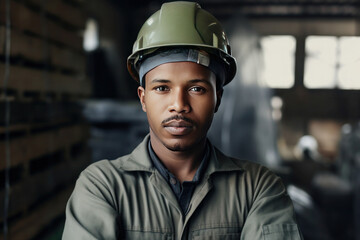 Canvas Print - Portrait of african American man, factory worker, AI generated Generative AI