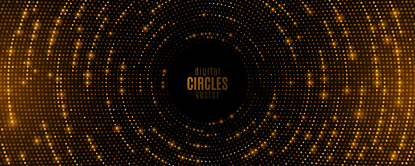 Wall Mural - Futuristic circles of golden glowing particles. Digital circular sound wave with lights. Big data visualization into cyberspace. Abstract background of dots. Vector Illustration.
