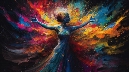 Wall Mural - Colorful Connections: Abstract Humanoid Figures Generated by AI Technology, Forming a Vibrant and Dynamic Network of Interconnected Shapes and Colors of humans and human beings. Generative AI, KI.