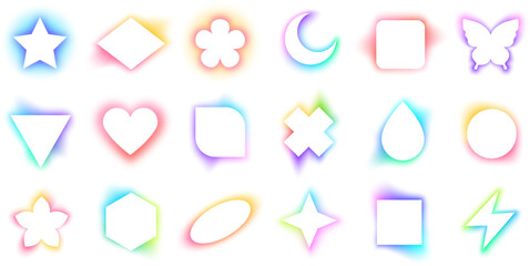 Aufkleber - White geometric frames with blurry rainbow gradient glow effect. Trendy modern illuminated moon and star forms, glowing heart and butterfly aura aesthetic, basic shapes with blur gradients vector set