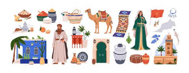 traditional morocco culture set. moroccan heritage, arabic food, pottery, architecture, clothes, acc