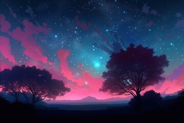 Wall Mural - an artwork depicting a night sky with trees and stars in it Generative AI