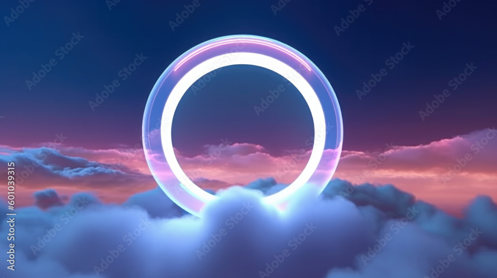 Ring shape glows with neon light inside the soft colorful cloud ...