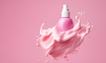 Foaming liquid on pink backdrop, Cosmetics foam background with copy space in right side, Cosmetic product sample of mousse, generative AI