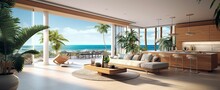 Modern And Luxurious Open Plan Living Room Interior With Kitchen And Dining, Sea Views, Beach Vibes, Tropical Paradise, AI Rendered