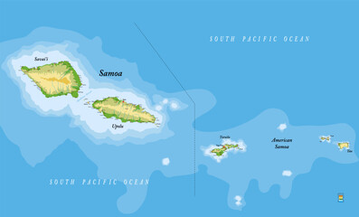  Samoa and American Samoa highly detailed physical map