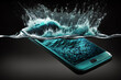 Smartphone that falls in the water with splashes around it. Mobile phone under water. Generative AI