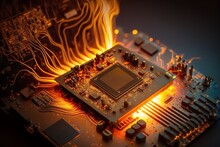 Burning Microchip In Macro. Electronic Circuit Board Close Up. Futuristic Circuit Concept. Generative AI.