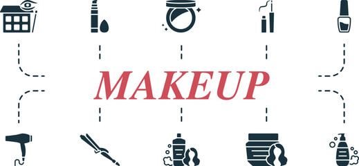 Makeup set. Creative icons: eye shadow, concealer, highlighter, eyeliner, nail polish, hair dryer, curling iron, shampoo, hair mask, body wash.