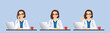 © Volha Hlinskaya - Female doctor using laptop computer sitting at the desk different gestures set isolated vector illustration