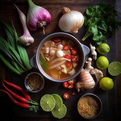 Wall Mural - Top view Tom Yam Kung,Thai food, chilli, lemongrass, ginger, onion, Thai food in black bowl,Generative, AI, Illustration.