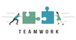Teamwork flat illustration. People connecting puzzle elements. teamwork, cooperation concept. Two people pushing huge pieces of puzzle. Combining two pieces. Flat vector illustration