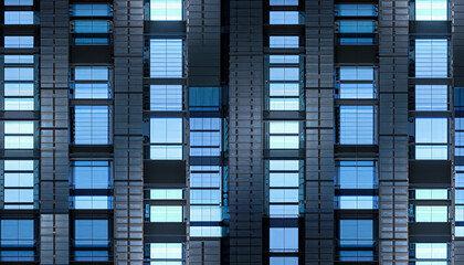 Seamless skyscraper facade with blue tinted windows, Modern abstract office building background texture with glowing lights against dark black exterior walls. 3D rendering, sleek, Generative AI