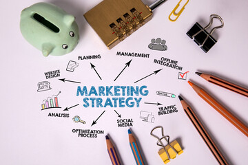 Canvas Print - marketing strategy. padlock and colored pencils on a white background