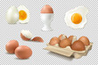 Eggs set. Vector realistic illustration. Eggs in a box, boiled eggs, eggshells on a transparent background.