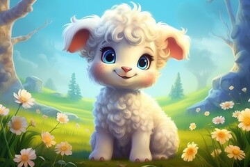 a cute adorable baby lamb in nature rendered in the style of children-friendly cartoon animation fantasy style  created by AI