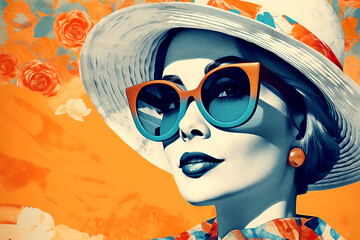 Fashion woman retro style. Travel collage , pop art. Post processed AI generated image