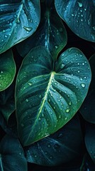 Poster - A lush and vibrant background of green foliage with morning dew, tropical rainforest