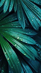 Poster - A peaceful background of rainforest palm leaves foliage with morning dew, dark green foliage