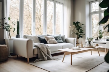 Poster - Scandi-inspired living room with light colors and wood decor elements, cozy home interior design.