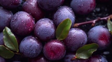 Fresh ripe plums on branch as background. AI generated